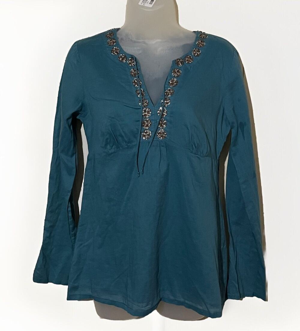Ann Taylor LOFT Shirt Womens 4 Green Blouse Long Sleeve Embroidered Round Neck
